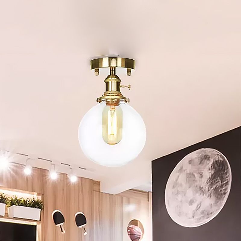 Brass One Bulb Ceiling Lighting Farmhouse Clear/Amber Glass Globe Semi Flush Light for Dining Room
