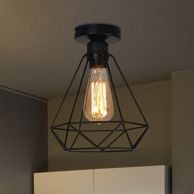 Plafonnier semi-encastré en fer à 1 tête, Style industriel, Cage noire, diamant, café, plafonnier