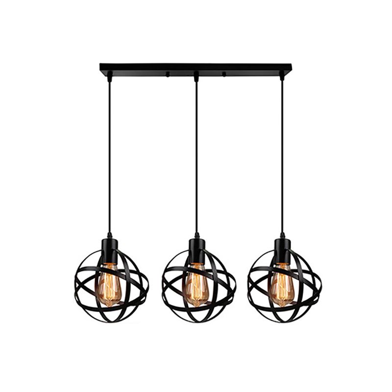 3 Lights Spherical Pendant Light Fixture Industrial Black Metal Hanging Light with Wire Guard for Dining Room