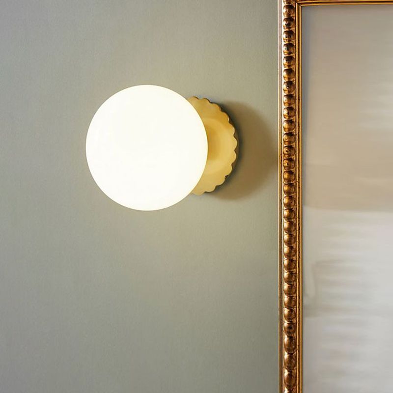 1 Bulb Living Room Wall Lamp Minimalist Gold Sconce Light Fixture with Orb Milk Glass Shade