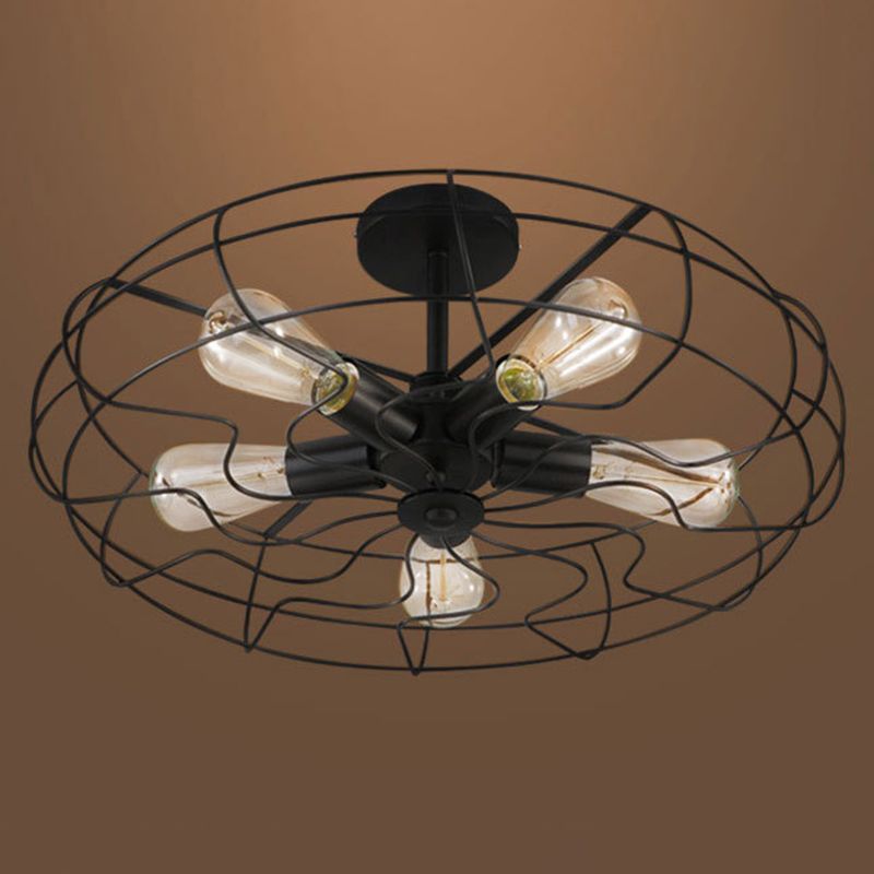 Montaje semi descarga negro de 5 luces en estilo industrial Luz de techo de hierro forjado para lugar comercial