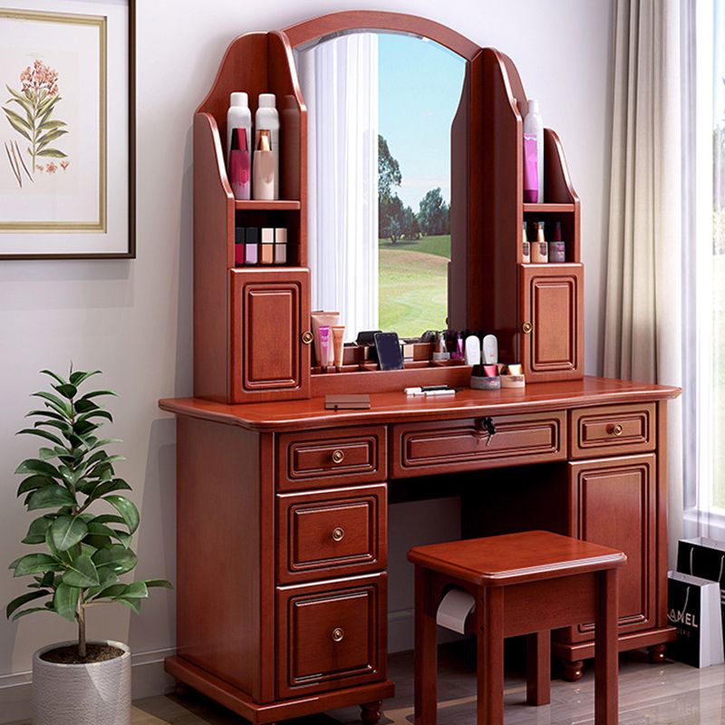 Traditional Solid Wood Makeup Dressing Table 60.23" H Vanity Set with Stool and Mirror