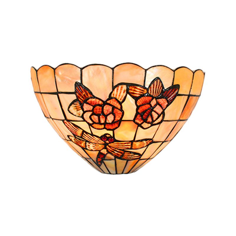 Beige Wall Lamp with Bowl Shade Tiffany Style Handmade Shell Wall Sconce Light with Rose and Dragonfly Pattern