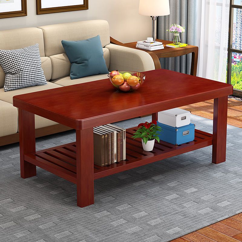 Rectangular Solid Wood Base with 4 Legs Nordic Style Coffee Table with Storage Rack