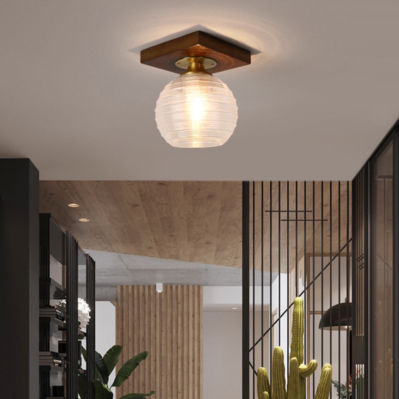 Simplicity Small Ceiling Flush Light Clear Glass 1 Bulb Entryway Flush Mount Light in Dark Wood