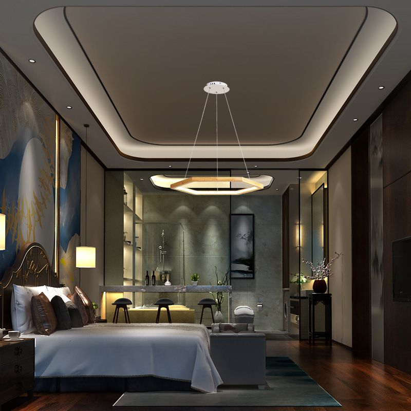 Hexagonal Pendant Chandelier Contemporary Acrylic LED Light/Dark Wood Hanging Ceiling Light, 16"/19.5"/23.5" Wide