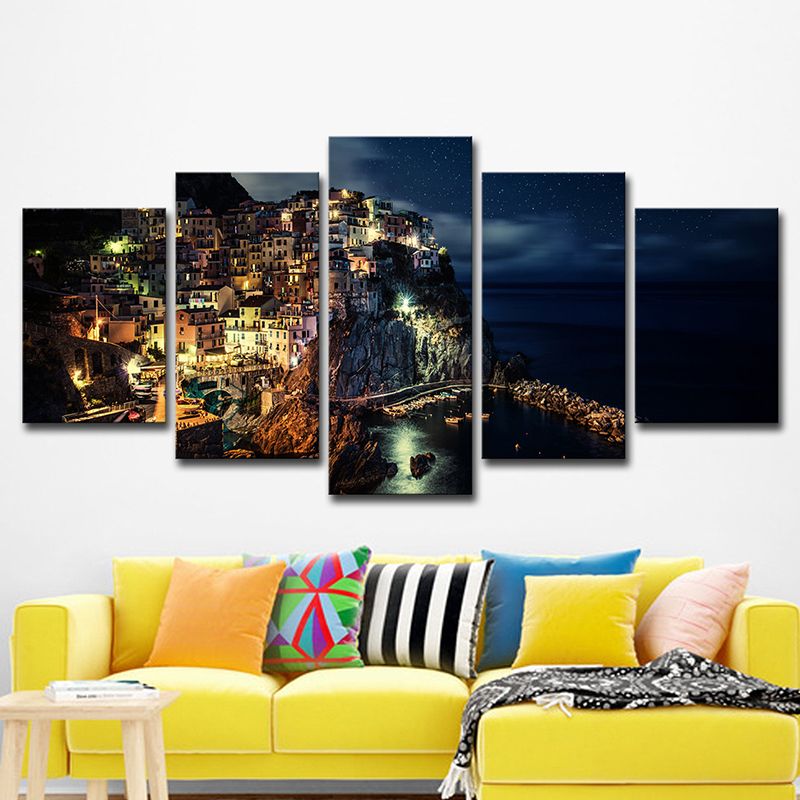 Cinque Terre Night View Canvas Black Glam Wall Art Print for Sitting Room, Multi-Piece