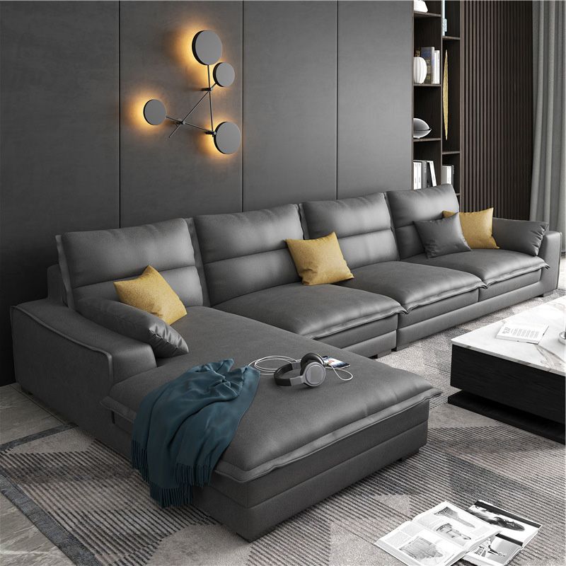 4-Seater Faux Leather Sectional with Pillows Back and Square Arms