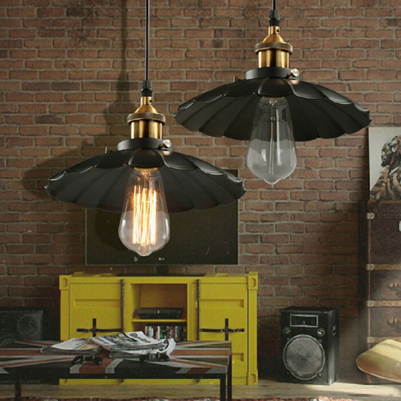 Floral Shade Beer Bar Drop Pendant Industrial Metallic 1 Head Black Ceiling Suspension Lamp, 10" Width