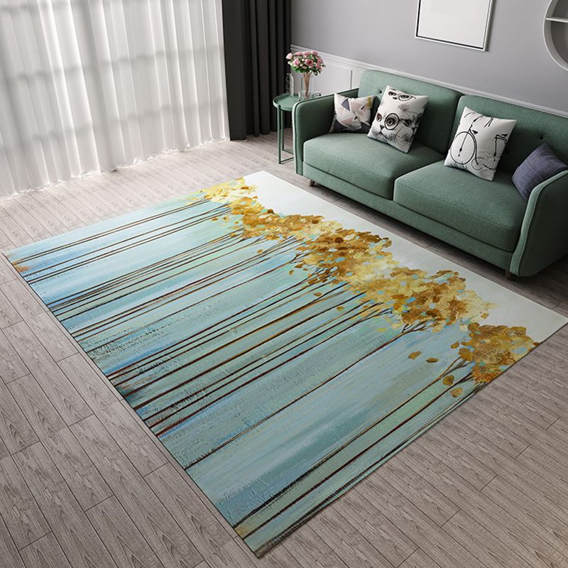 Stylish Oil Painting Rug with Tree Pattern Blue and Gold Casual Rug Flannel Pet Friendly Washable Area Rug for Living Room