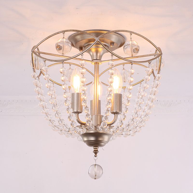 Luz de montaje de semi flush de domo Moderna hilo de cristal 3 luces Luz de techo plateado Luz montada