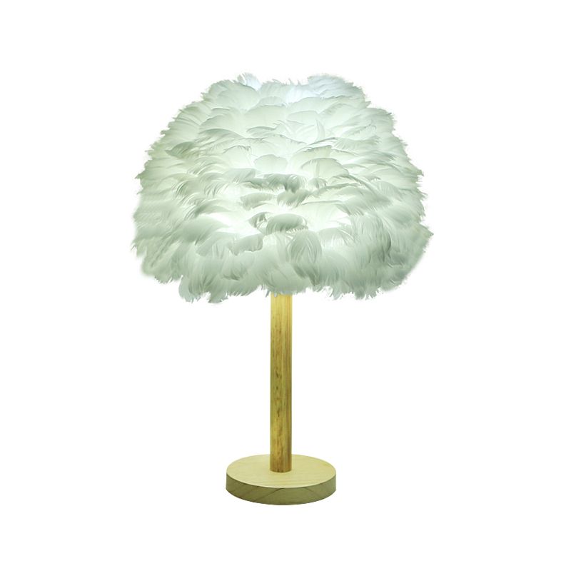 Feather Flower-Like Night Lamp Modern 1-Light Grey/Blue/Burgundy and Wood Table Light for Bedroom