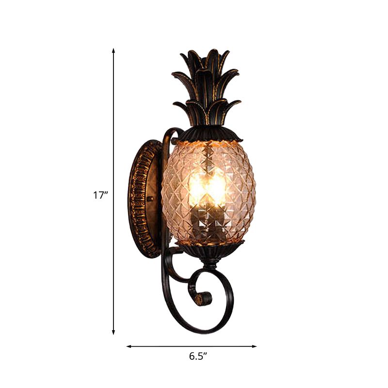 Black 3-Light Wall Sconce Vintage Lattice Glass Pineapple Shape Wall Mount Lighting with Swirled Arm
