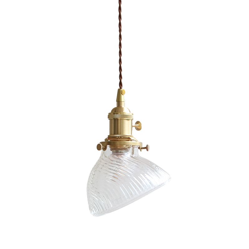 Twisted Bowl Restaurant Hanging Lamp Colonial Clear/Green Prismatic Glass 1-Light Brass Pendant Light