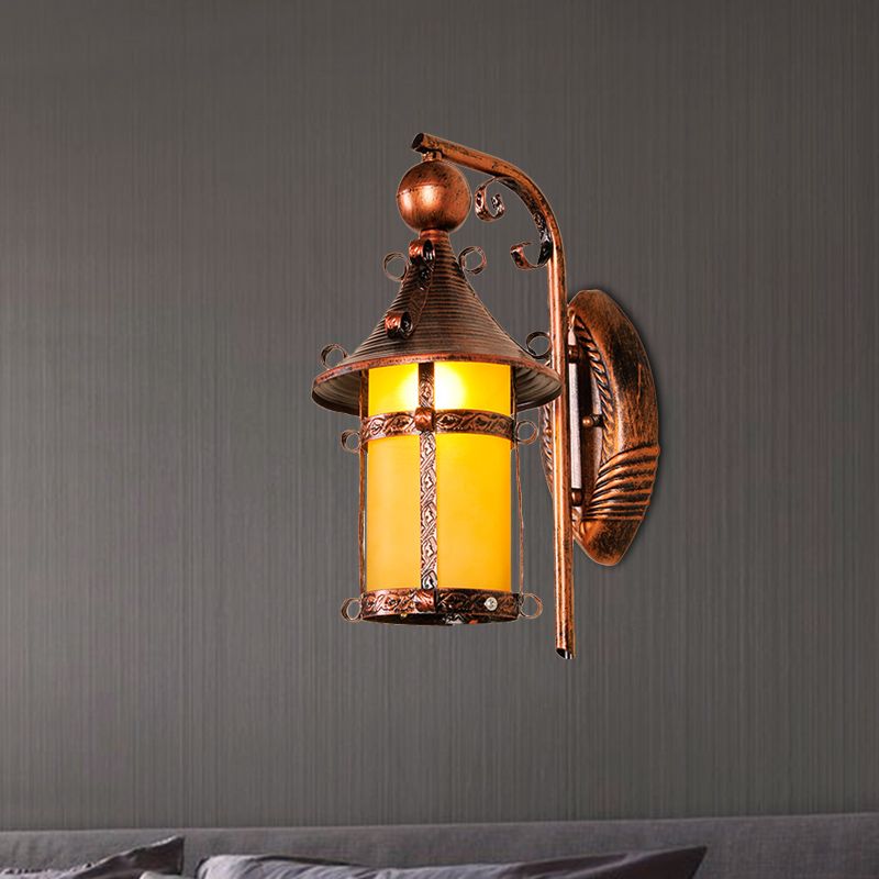 Lámpara de pared para pasillo de casa, vidrio amarillo, 1 luz, lámpara de pared vintage con brazo curvo en cobre desgastado