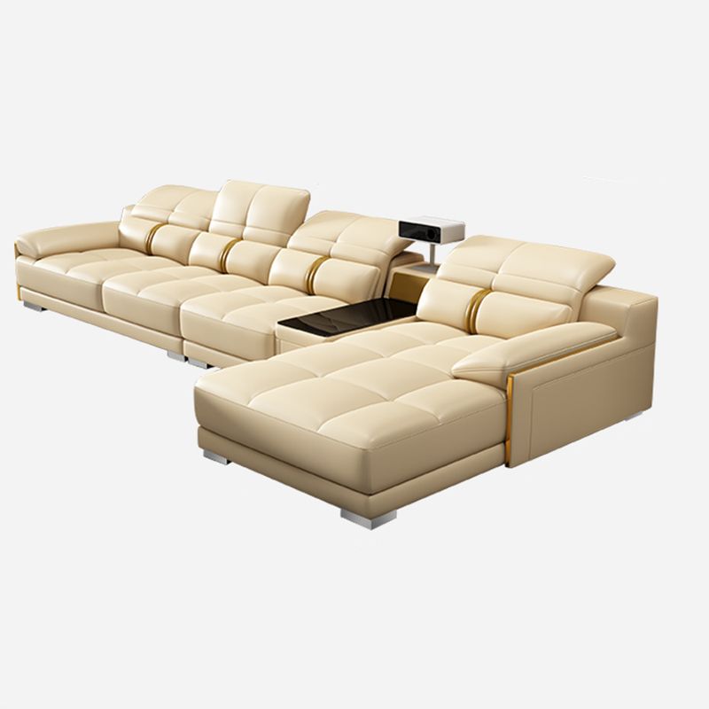 Genuine Leather Pillow Top Arm Sofa Cream Sectional with Removable Cushions