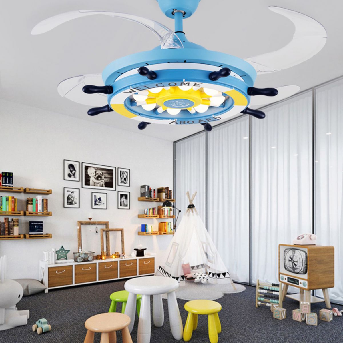 Remote Control Rudder Semi Flush Mount Mediterranean Metal Kids Bedroom LED Pendant Fan Light