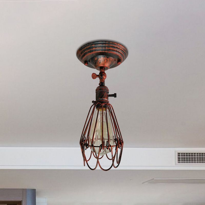 Plafonnier semi-encastré en cage en fer forgé, style ferme, élégant, 1 lumière, luminaire de plafond pour chambre à coucher, rouille/argent vieilli