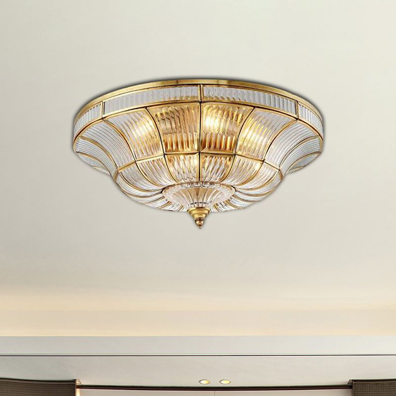 Simplistic Dome Flushmount Lighting 3/6 Heads Clear Ribbed Glass Ceiling Flush Mount in Brass for Living Room, 15"/21" Wide