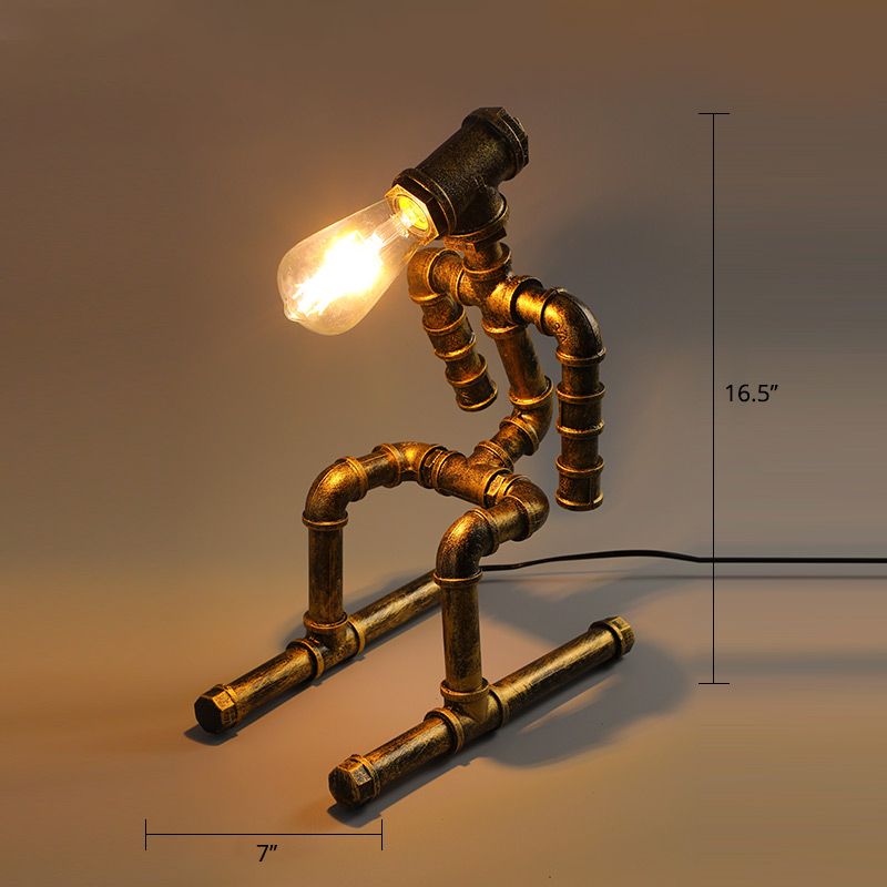 Industrial Pipe Style Night Light 1-Light Wrought Iron Accent Table Lamp in Bronze