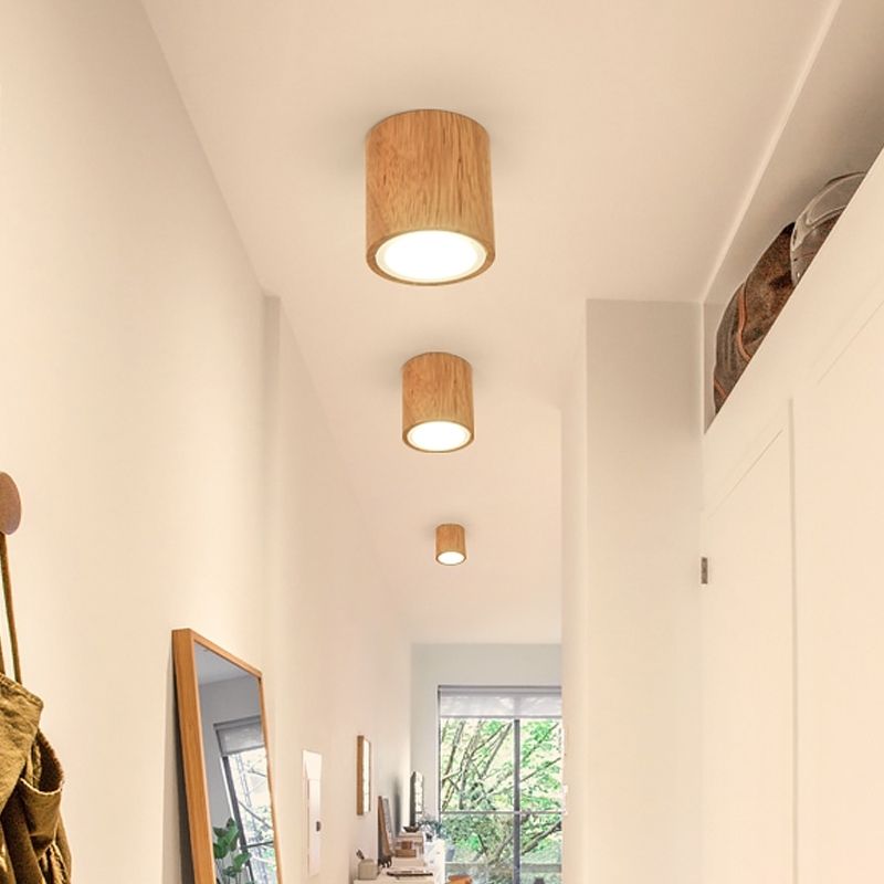 Round/Square Mini Corridor Ceiling Lamp Wooden 4"/6"/8" H LED Nordic Flush Mount Lighting in Beige