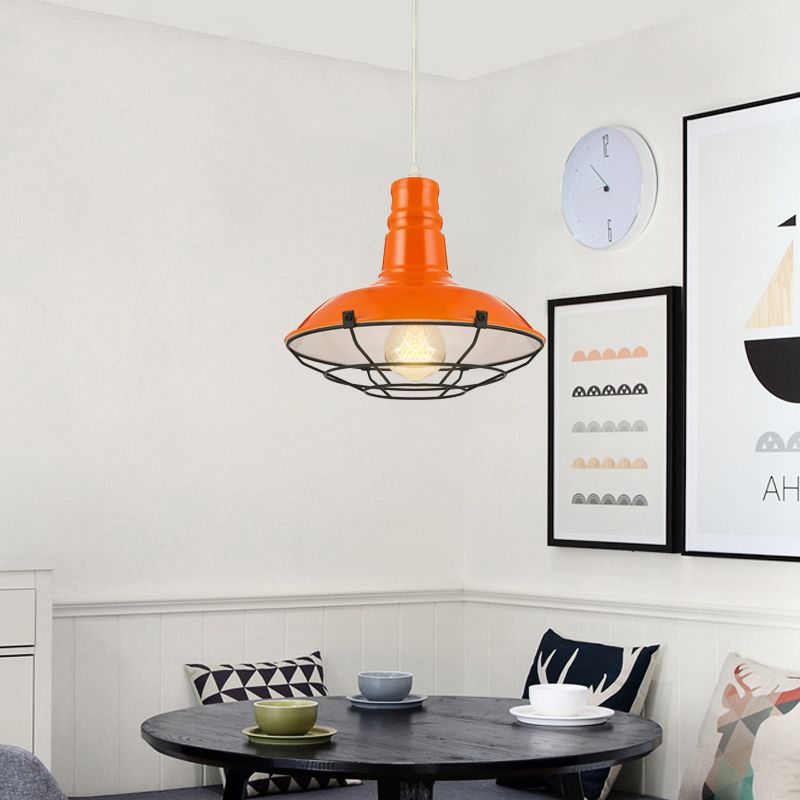 Tazón naranja/azul/verde luz colgante con protector de alambre metal industrial 1 Luz de comedor de comedor de luz, 10 "/14"/18 "Dia
