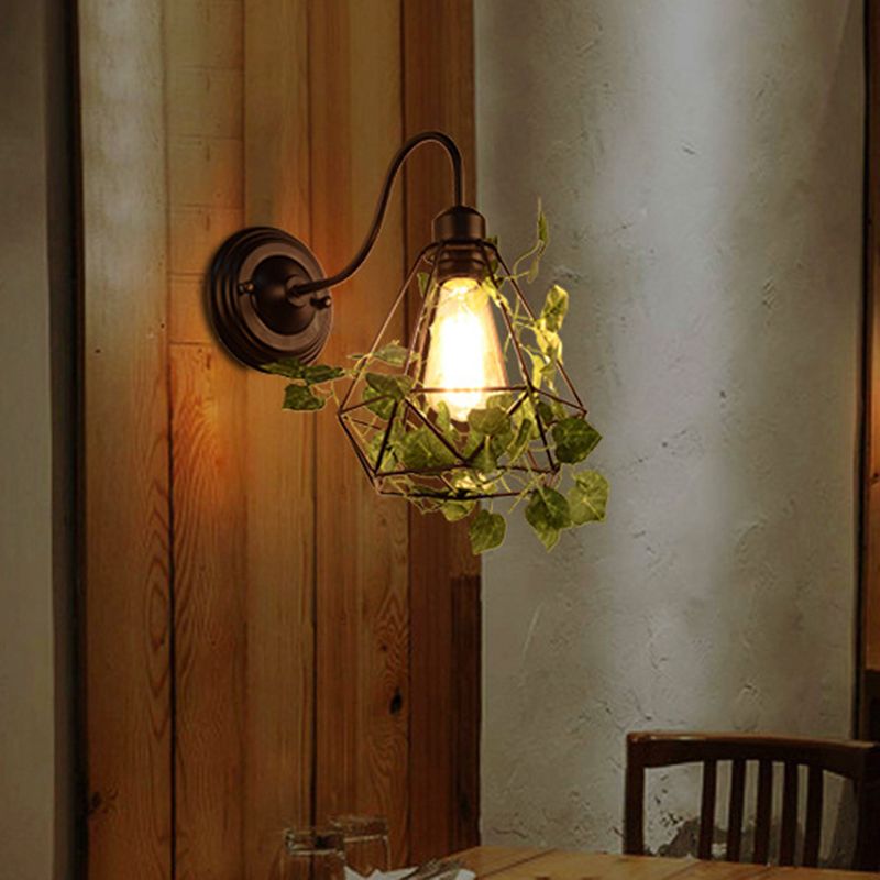 1 Light Wall Lighting Fixture Industrial Diamond/Globe/Square Metal LED Wall Lamp Sconce in Black with Plant