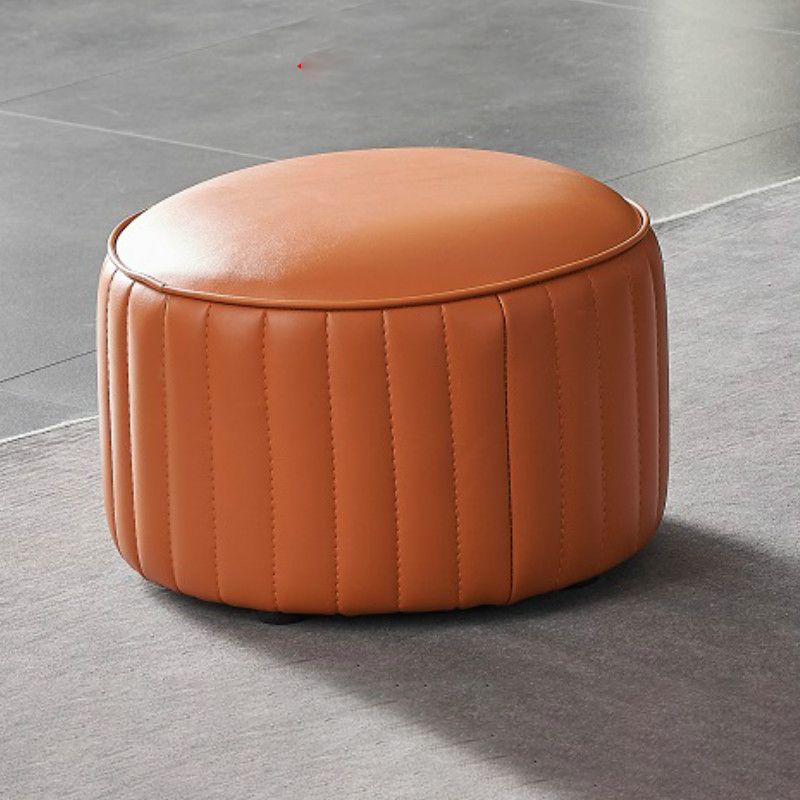 Modern Orange Pouf Water Resistant Round Pure Color Leather Pouf