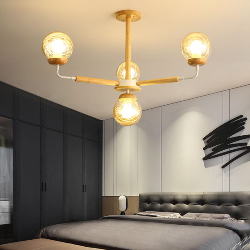Minimalist Globe Chandelier Wooden 4-Light Bedroom Suspension Light with Glass Shade