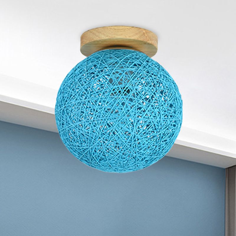 Lámpara de montaje empotrado en techo de ratán, modernista, 6 "/ 8" de ancho, 1 bombilla, color azul/lino, para pasillo