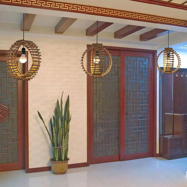 Rustieke dubbele ringen hangende hanger bamboe stick single bulb foyer suspensie lamp in beige