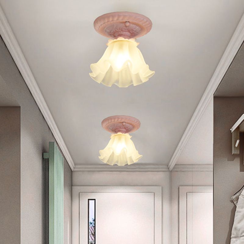 Wit/Groen/Roze Bloemenplafondlamp Pastorale Stijl Mat Melkachtig Glas 1-Lamp Gangpad Inbouwlamp