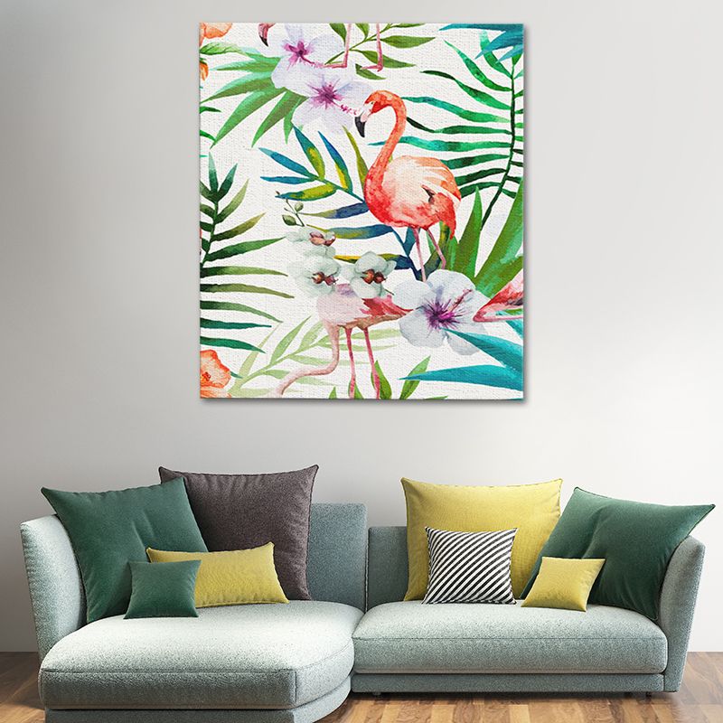 Childrens Art Canvas in Green Flamingo and Flower Wall Decoration for Living Room