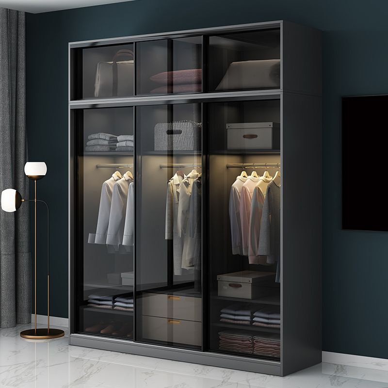 Contemporary Wood and Tempered Glass Wardrobe Freestanding Wardrobe Armoire without Light