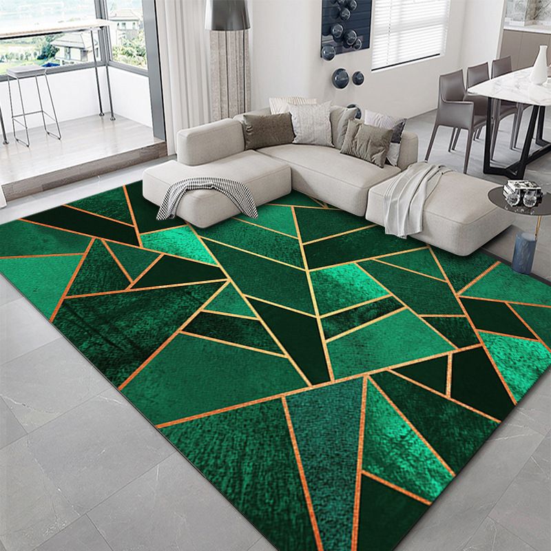 Dark Green Pattern Carpet Polyester Modern Carpet Washable Area Carpet for Living Room