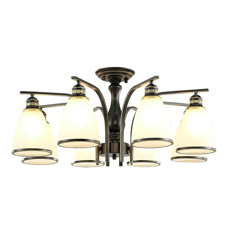 Rustic Bowl Shaped Semi Flush Frost Glass Ceiling Mount Chandelier for Living Room