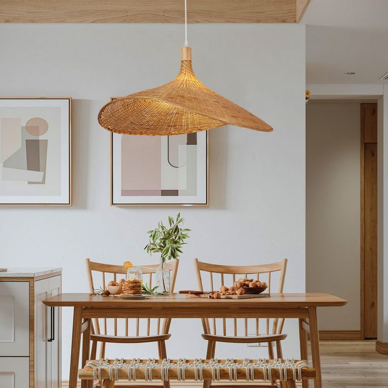 Shaded Pendant Lighting Fixture Asia-Style Bamboo Beige Suspension Pendant Light