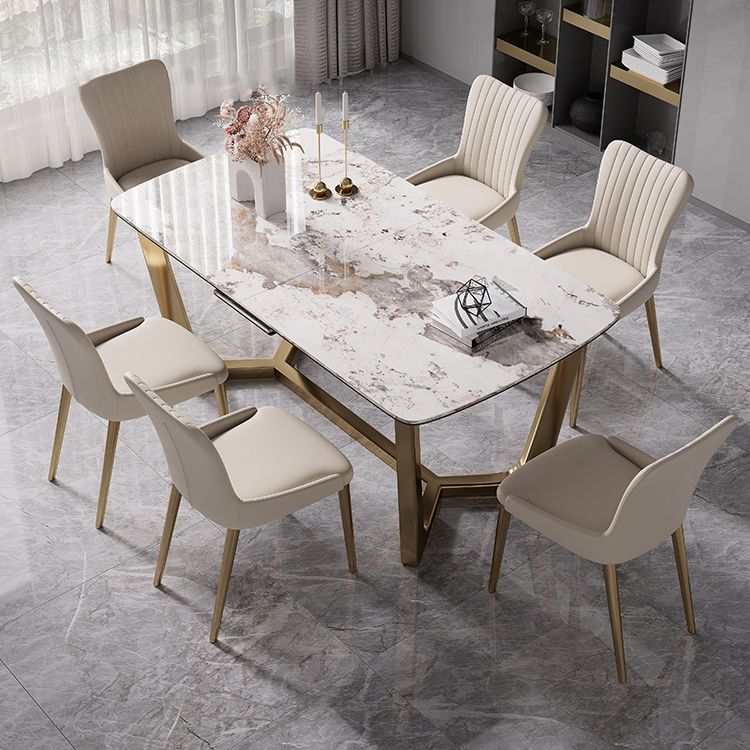 Modern Style Sintered Stone Dining Room Set with White Rectangle Shape Table and Gold Trestle Base