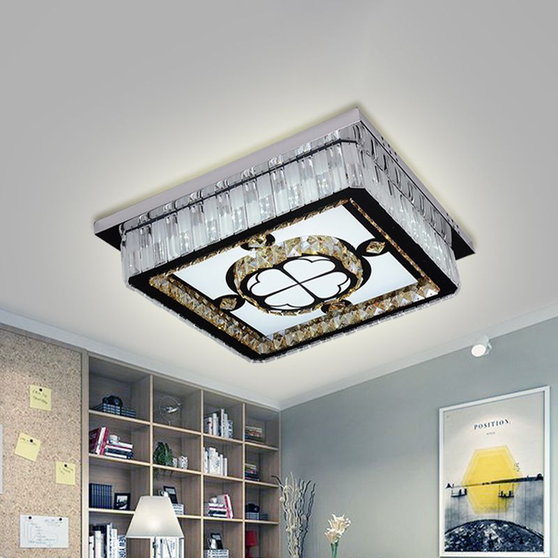 Simplicity Square Ceiling Mounted Light LED Crystal Flush Mount Lamp in Chrome with Clover Pattern