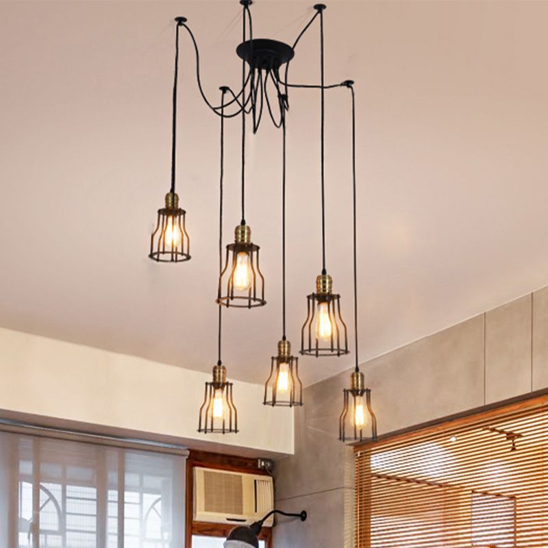 6/10 Bulbs Pendant Lamp Vintage Stylish Metal Swag Ceiling Fixture with Wire Guard in Black for Dining Room