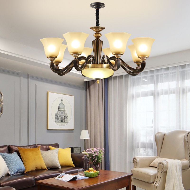 Vintage Bell Shade Pendant Chandelier White Glass Hanging Lamp Kit for Living Room