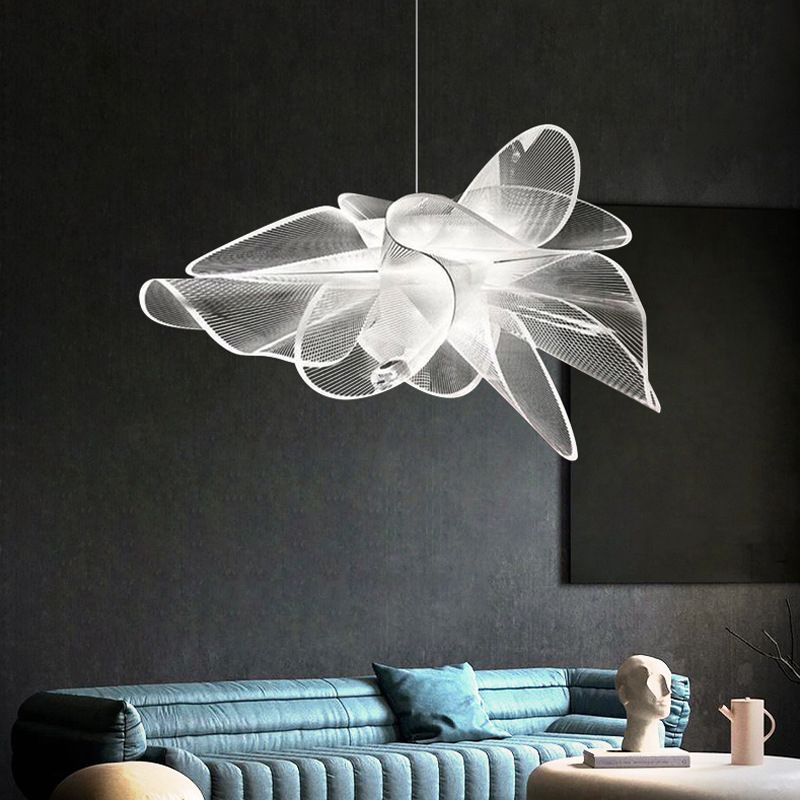 Tulle-Like Floral Chandelier Decorative Plastic Cafe LED Suspension Lighting Fixture in White