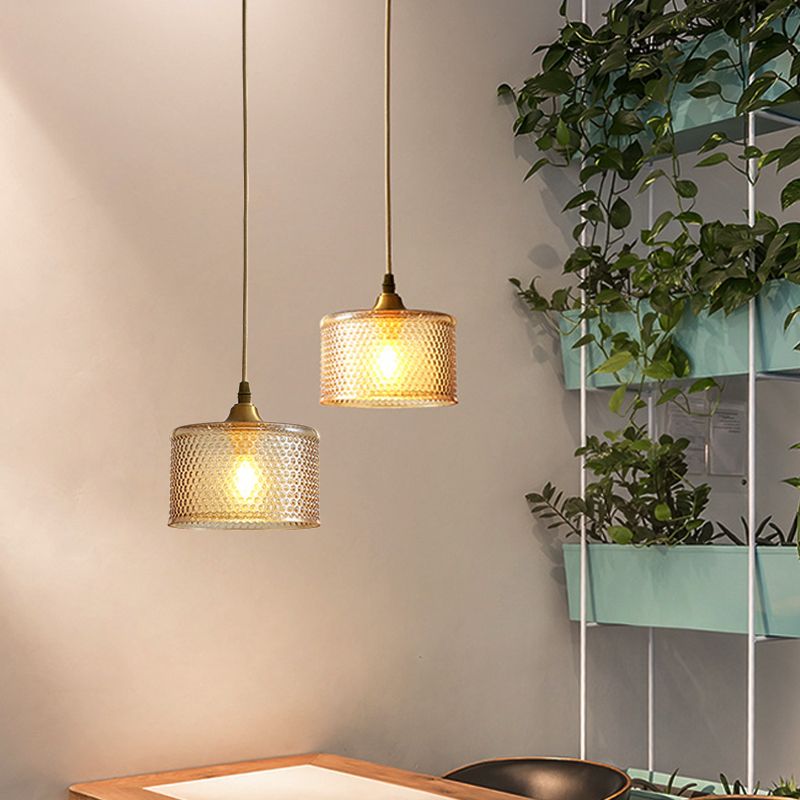 Small Drum Bedside Ceiling Pendant Light Simple Latticed Glass 1 Head Brass Pendulum Lamp