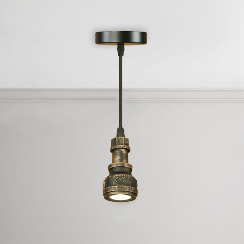 Antique Style Mini Pendant Lamp with Water Pipe 1 Light Wrought Iron Lighting Fixture in Aged Brass