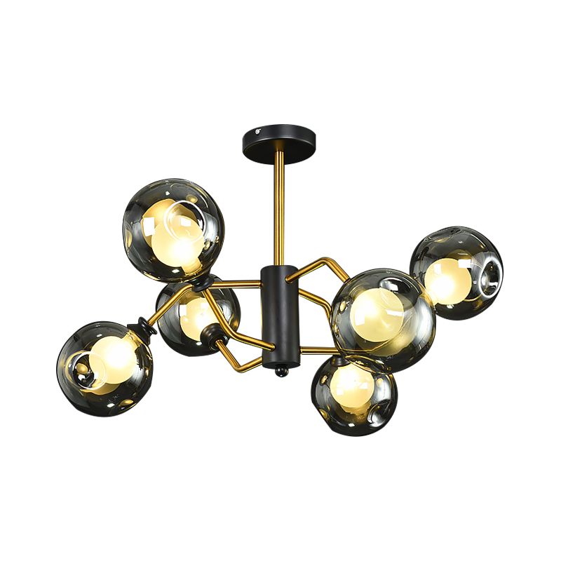 Luz de techo de semi rascillo curvado Modernismo Metal 6 cabezas Candelera de al ras de latón con humo gris tono de vidrio de hoyuelos