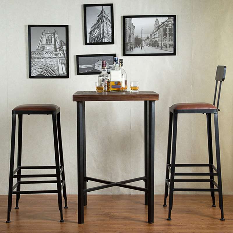 Brown Solid Wood Pub Table Square Bar Height Cocktail Table with Footrest