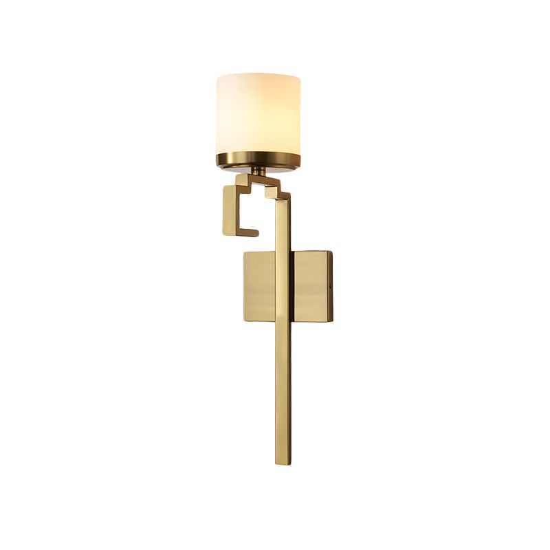 1 Bulb Pillar Sconce Lighting Mid Century Brass Opal Matte Glass Wall Light Fixture with Oriental Element