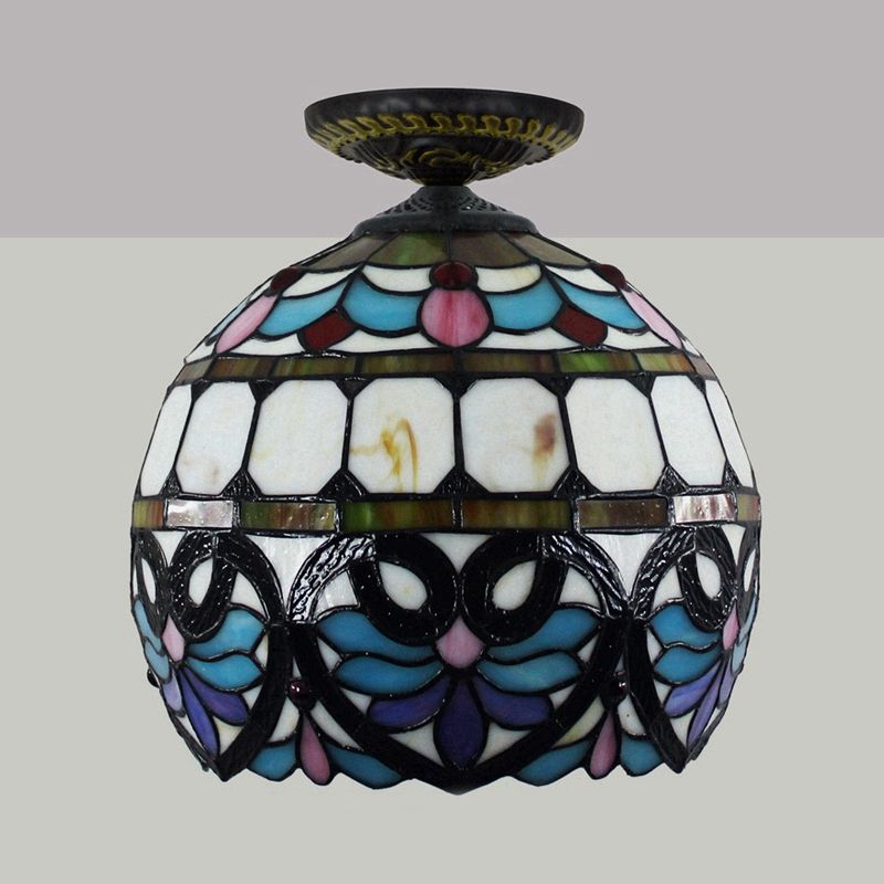 Plafonnier à 1 lumière de 8,5 po/12 po de largeur, luminaire de plafond en verre taillé à motifs de fleurs victoriennes en laiton avec abat-jour globe/dôme