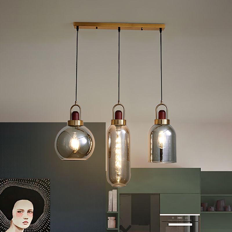 Grey Grey Glass Geometric Cluster Pendant Light Light Minimaliste Kit de lampe suspendue marron à 3 tête pour salle à manger