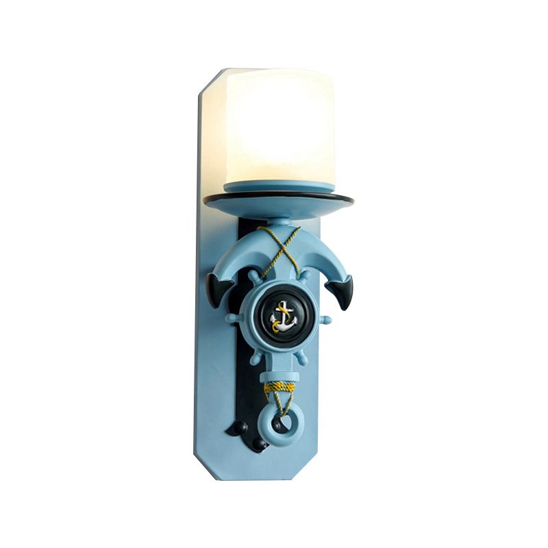1 Head Indoor Wall Sconce Lamp Nautical Style Blue/White Wall Lighting with Cylinder Opal Glass Shade and Anchor Design